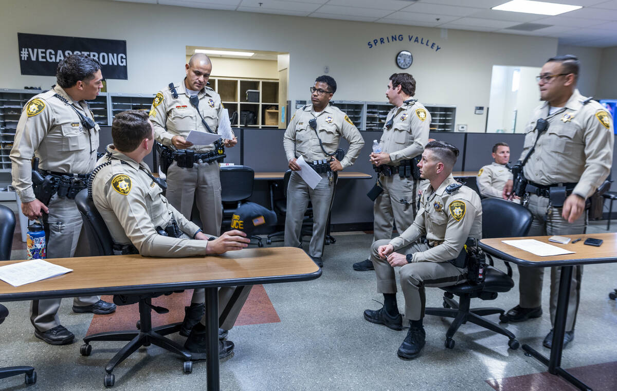 Metro Officers gather for a briefing prior to their DUI Blitz on Saturday, April 16, 2022, in L ...