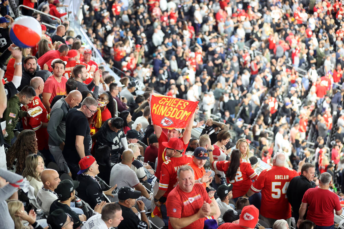 Kansas City Chiefs fans celebrate a touchdown against the Raiders at Allegiant Stadium in Las V ...