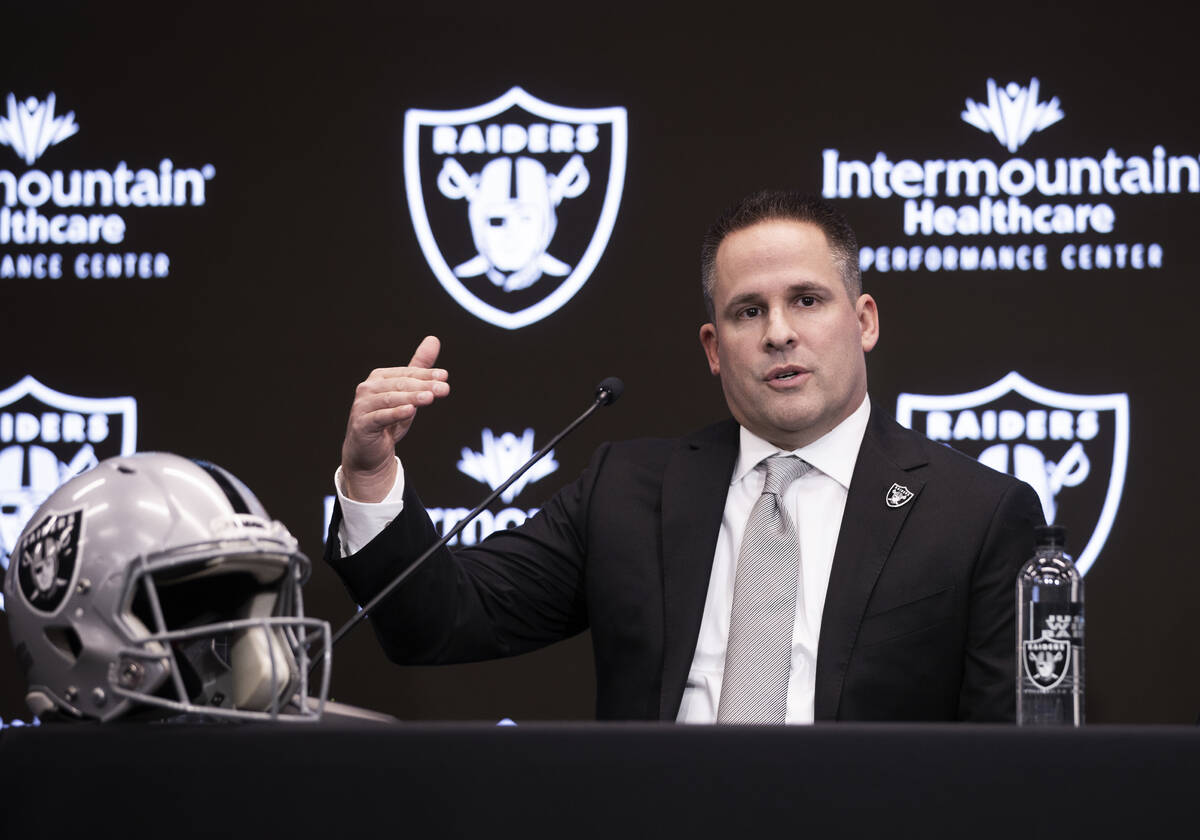 Raiders head coach Josh McDaniels speaks during a press conference on Monday, Jan. 31, 2022, at ...