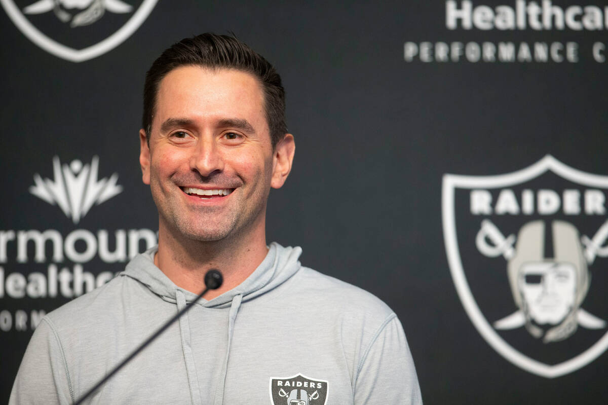 Raiders general manager Dave Ziegler smiles during a news conference following the 2022 NFL dra ...