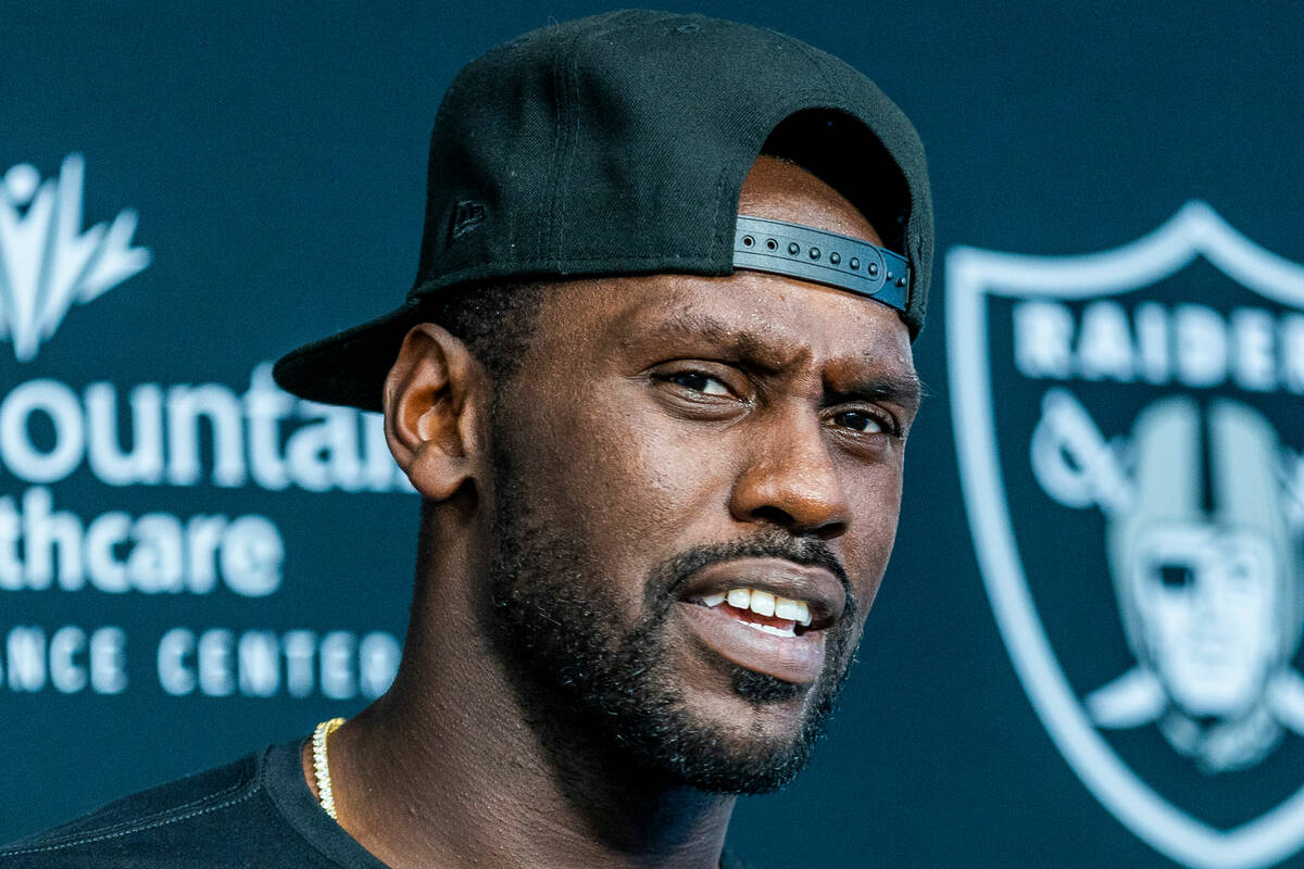 Raiders defensive end Chandler Jones (55) speaks during a media interview at the Intermountain ...