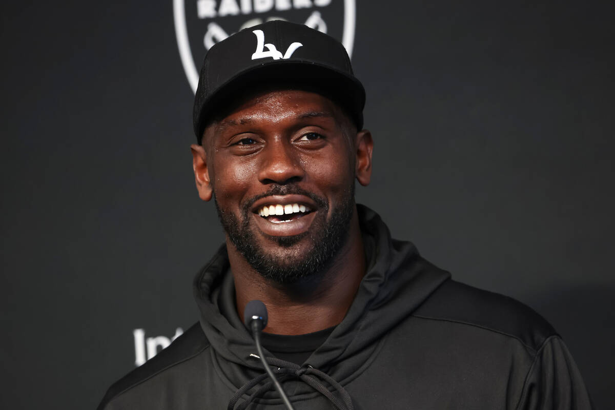 Raiders defensive end Chandler Jones speaks during a press conference at Raiders Headquarters a ...