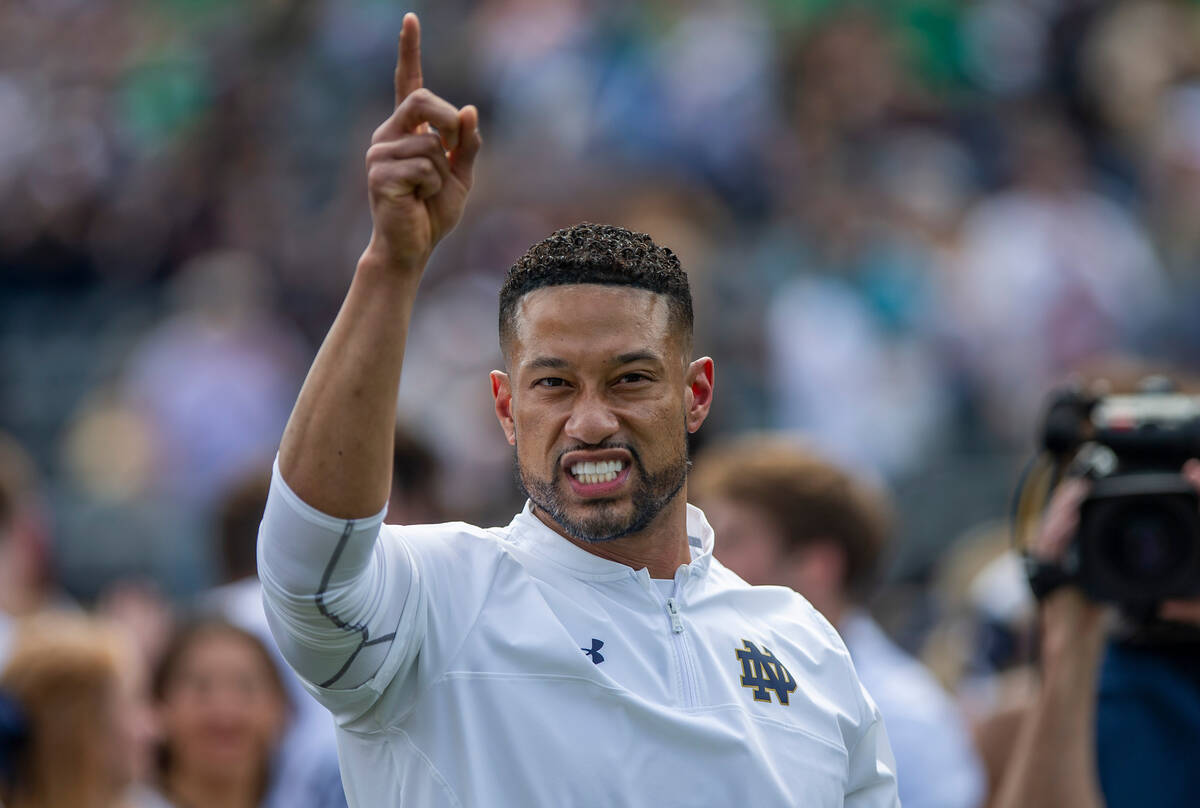 Notre Dame football coach Marcus Freeman is shown Saturday, April 23, 2022, at Notre Dame Stadi ...