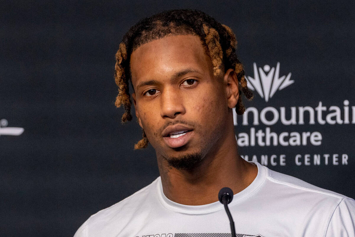Raiders wide receiver Tyron Johnson speaks to media during a news conference at the Intermounta ...
