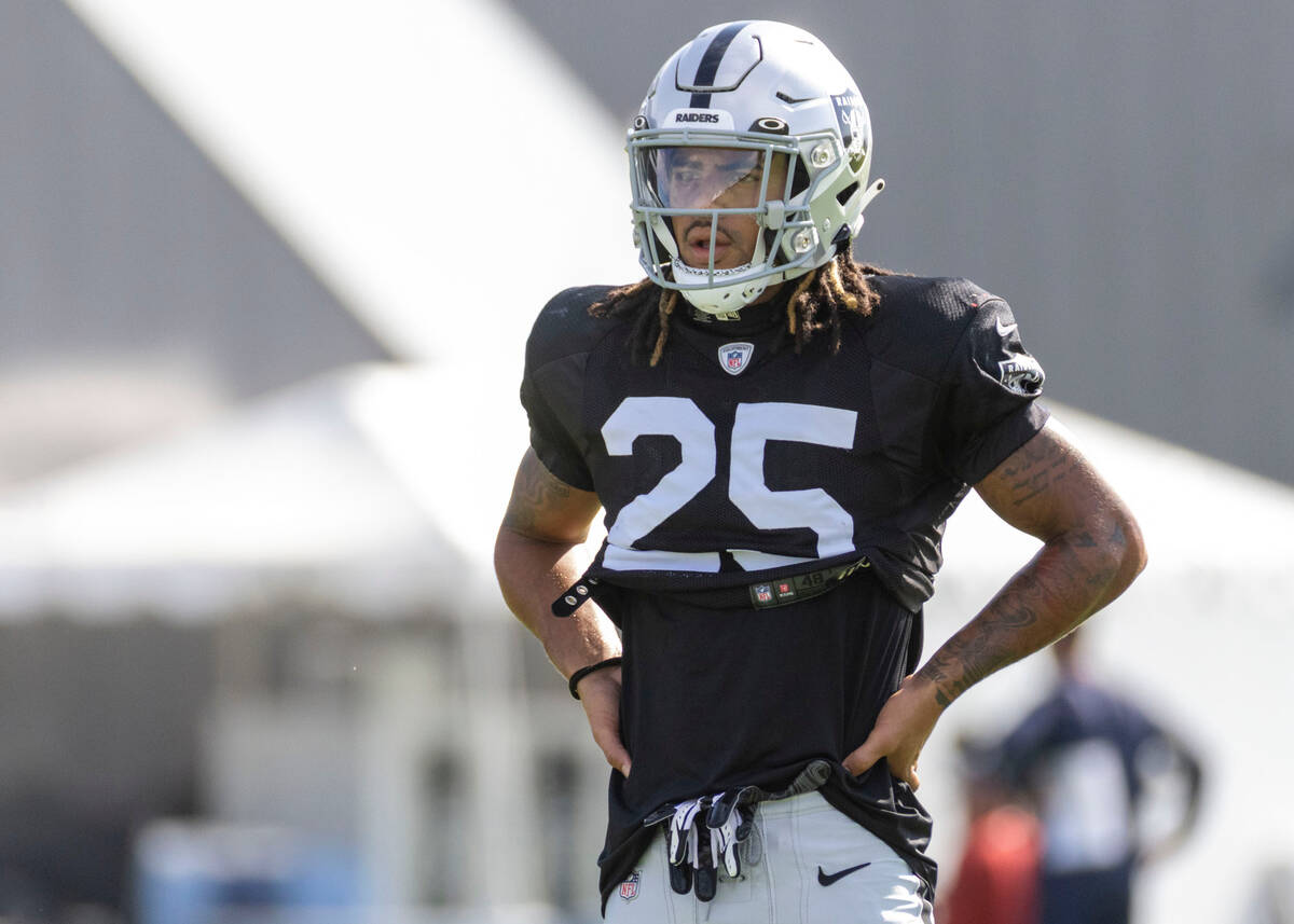 Raiders safety Tre'von Moehrig (25) looks on during the team’s training camp practice at ...