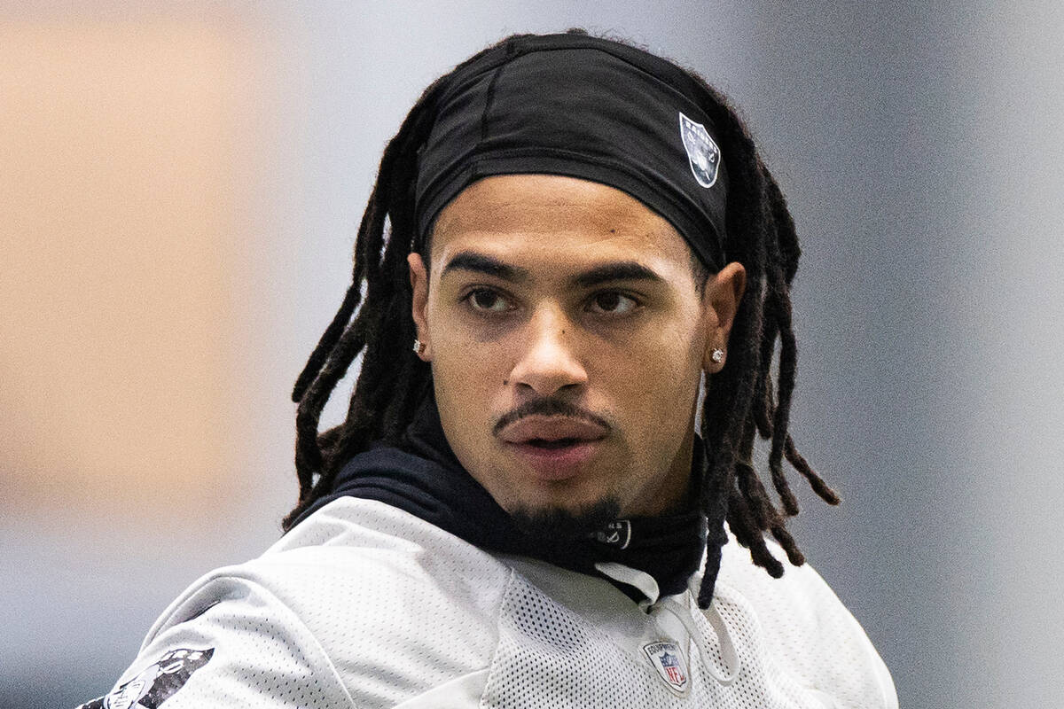 Las Vegas Raiders safety Trevon Moehrig (24) stretches before the start of practice on Saturday ...