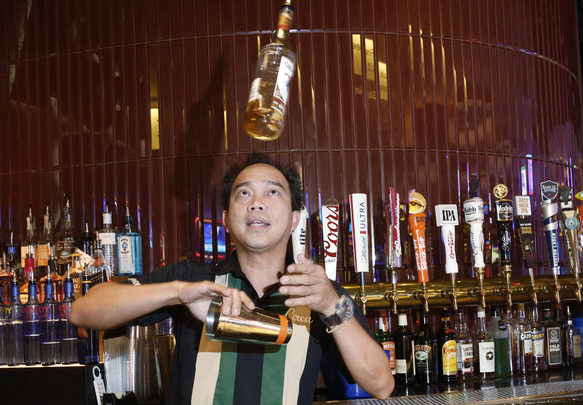 Flair bartender Spyder Rigor shows his skills, Friday, Sept. 2, 2022, at Circa’s Mega Ba ...