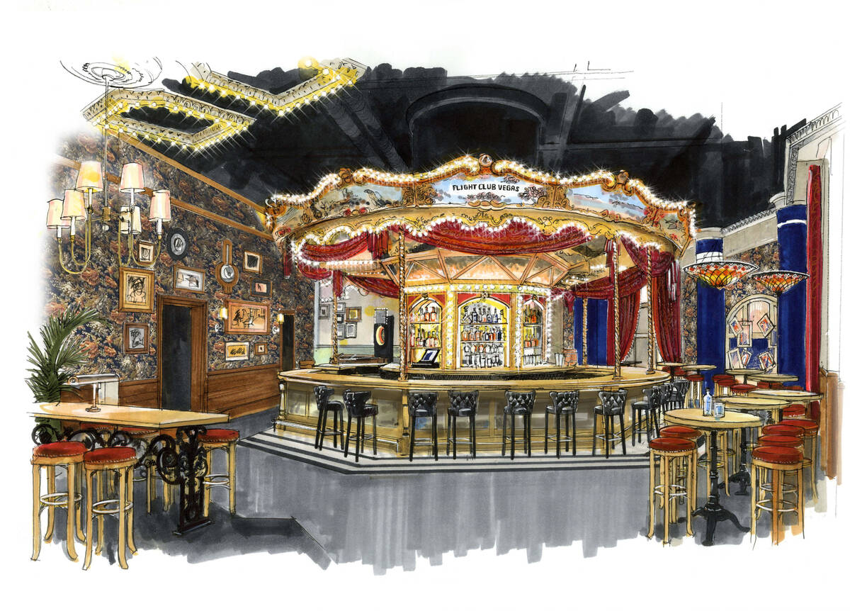 A sketch of the carousel bar at the new Flight Club dart bar scheduled to open in fall 2022 in ...