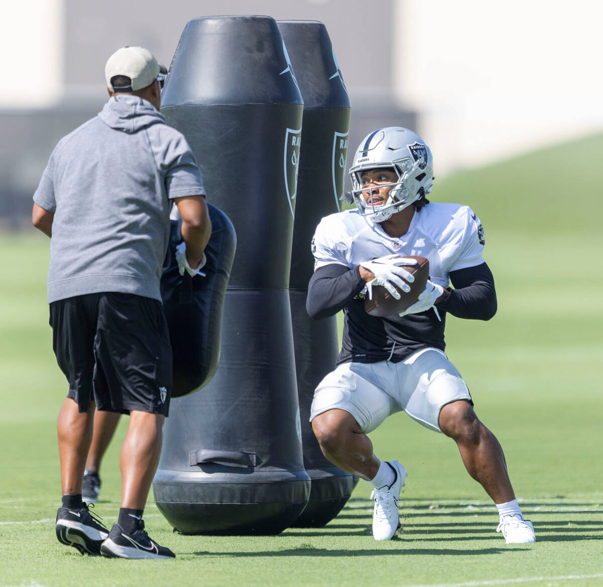 Raiders wide receiver DJ Turner (19) makes a catch during practice at the Intermountain Healthc ...