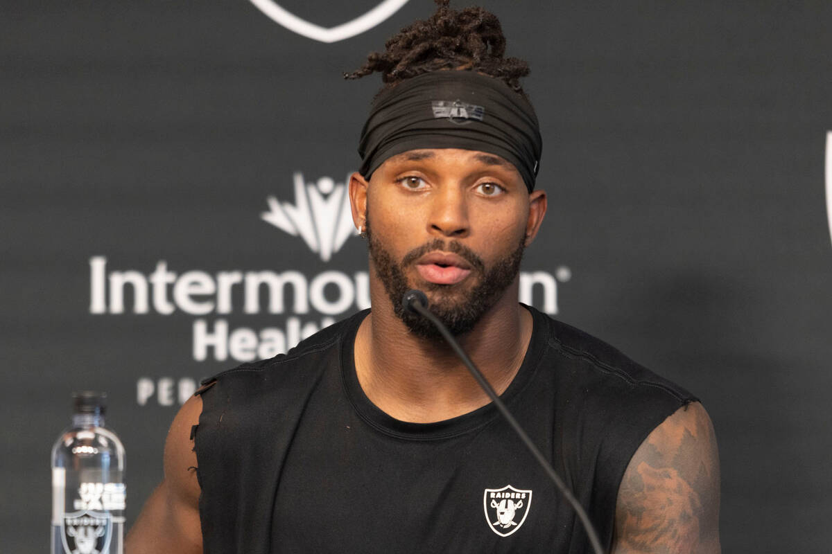 Raiders running back Ameer Abdullah speaks during a news conference at the Intermountain Health ...