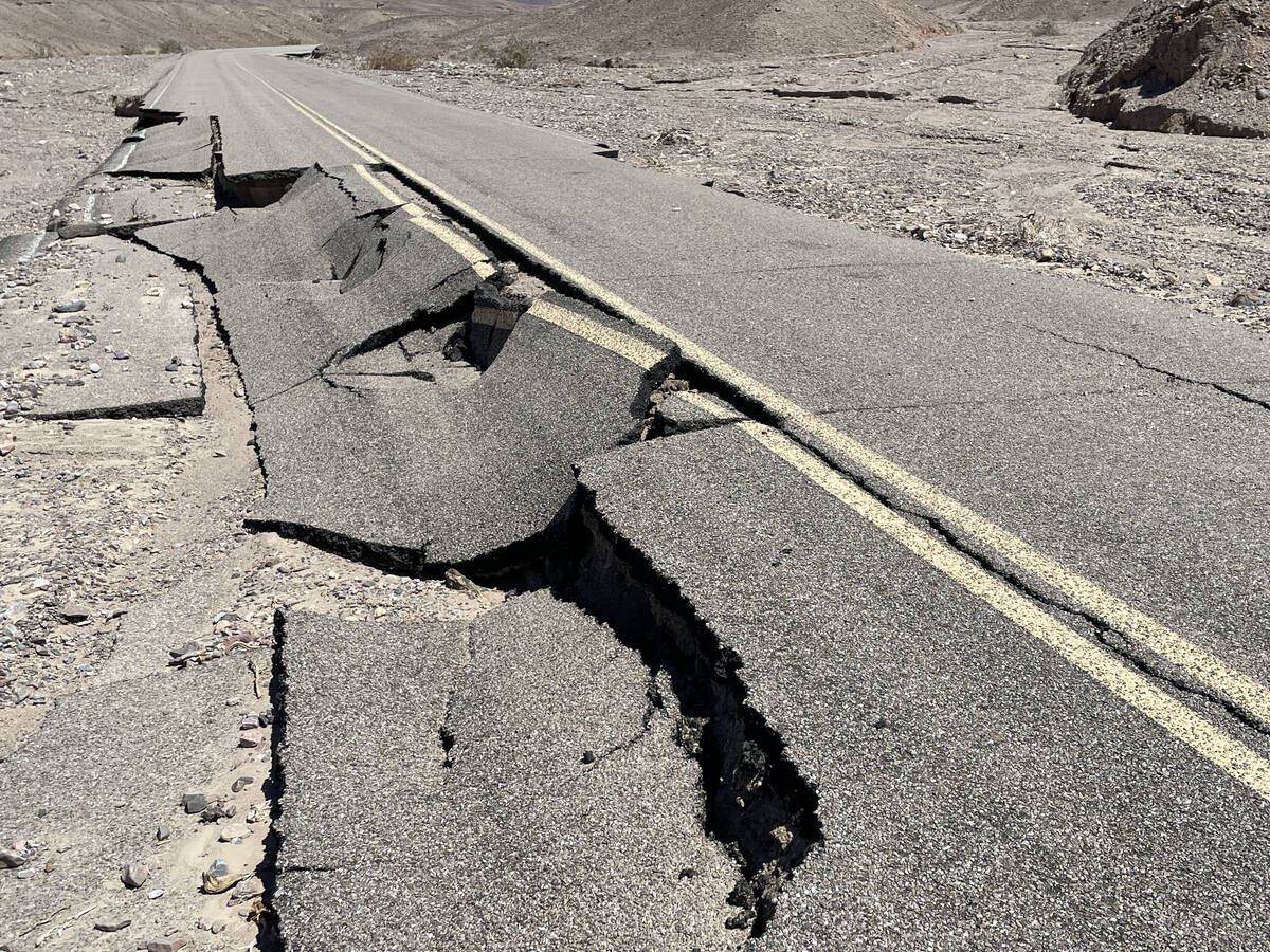 A collapsed roadway on Mud Canyon Road that remains closed in Death Valley National Park as of ...