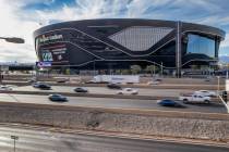 The large video screen outside of Allegiant Stadium announces it will host NFL Super Bowl LVIII ...