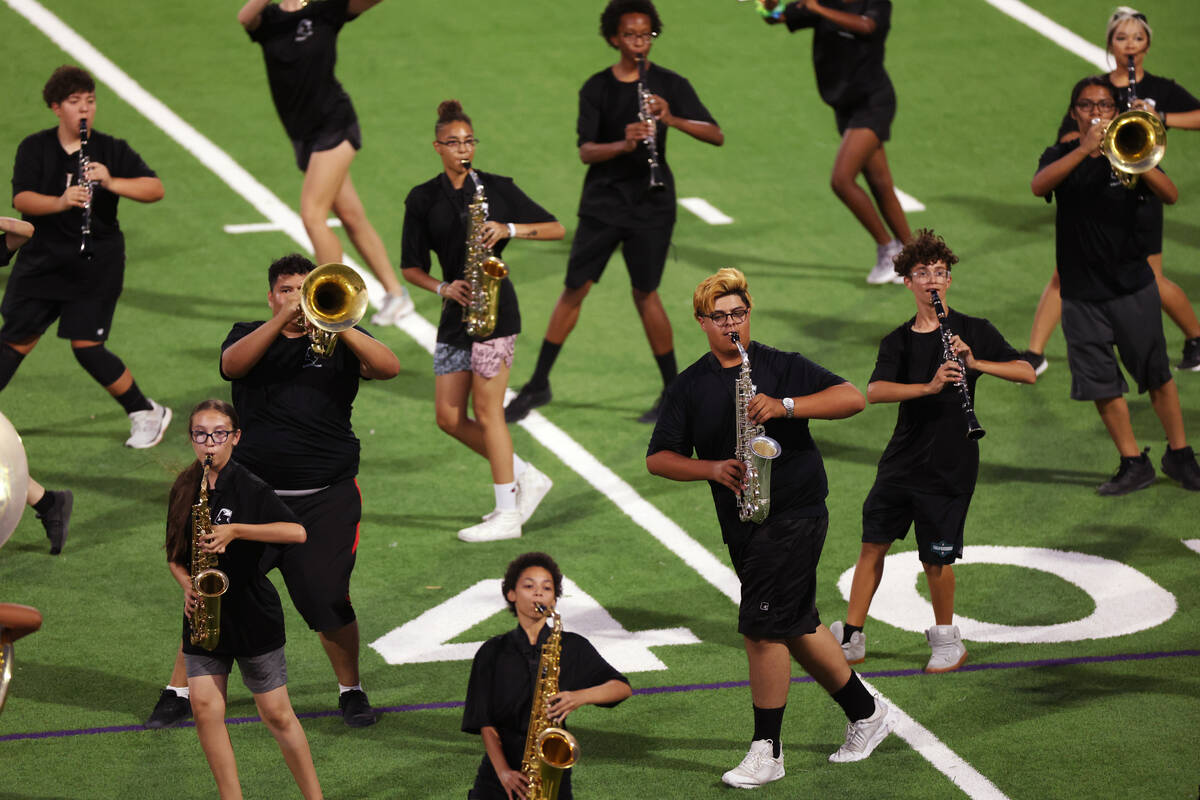 The Silverado marching band performs during halftime of a football game at Silverado High Schoo ...
