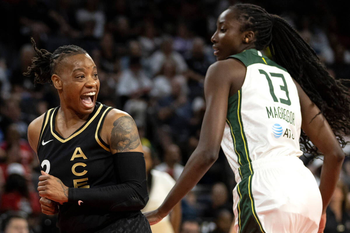Las Vegas Aces guard Riquna Williams (2) reacts positively to a referee calling Seattle Storm c ...