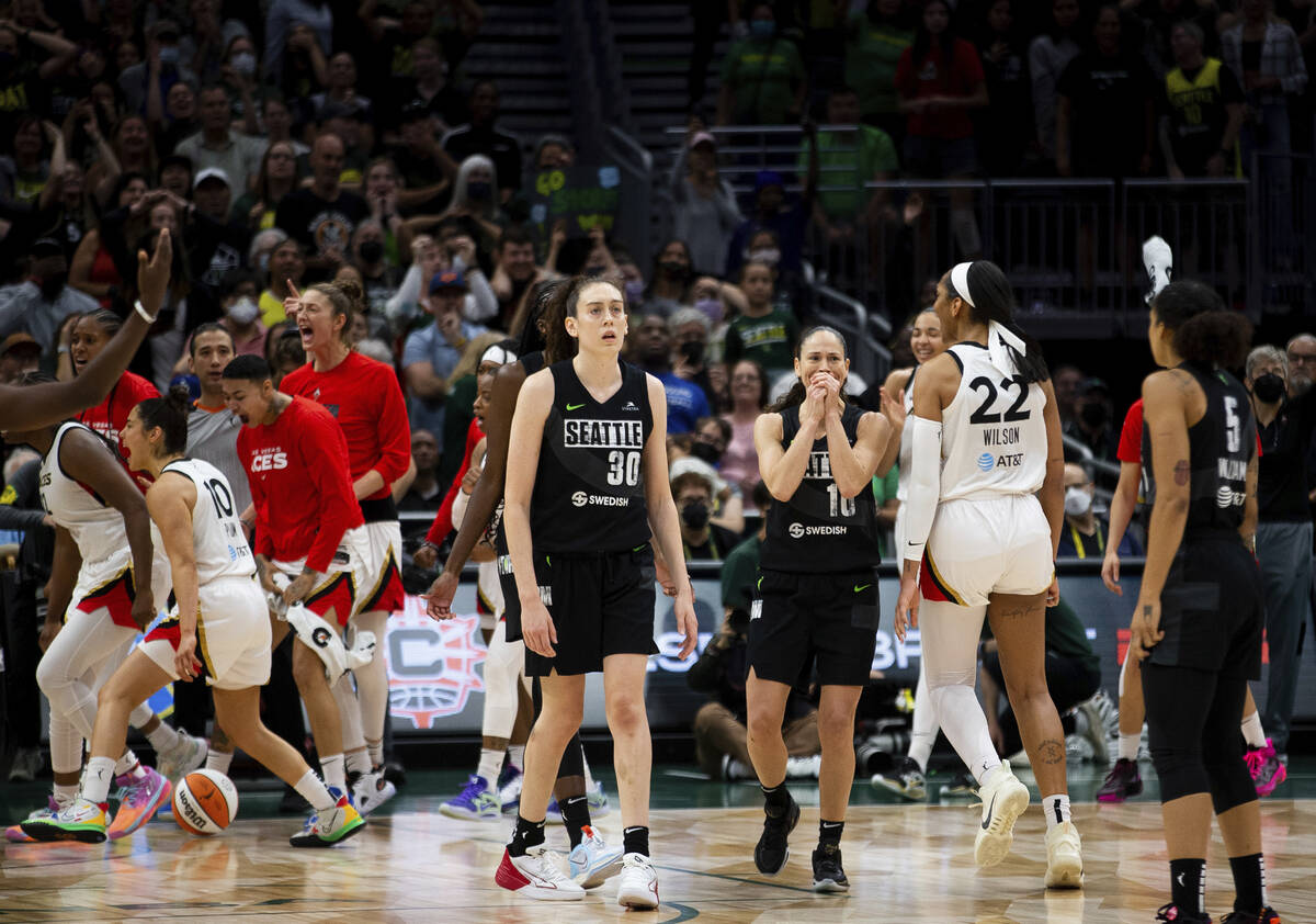 Seattle Storm forward Breanna Stewart (30) and guard Sue Bird (10) react after the Las Vegas Ac ...