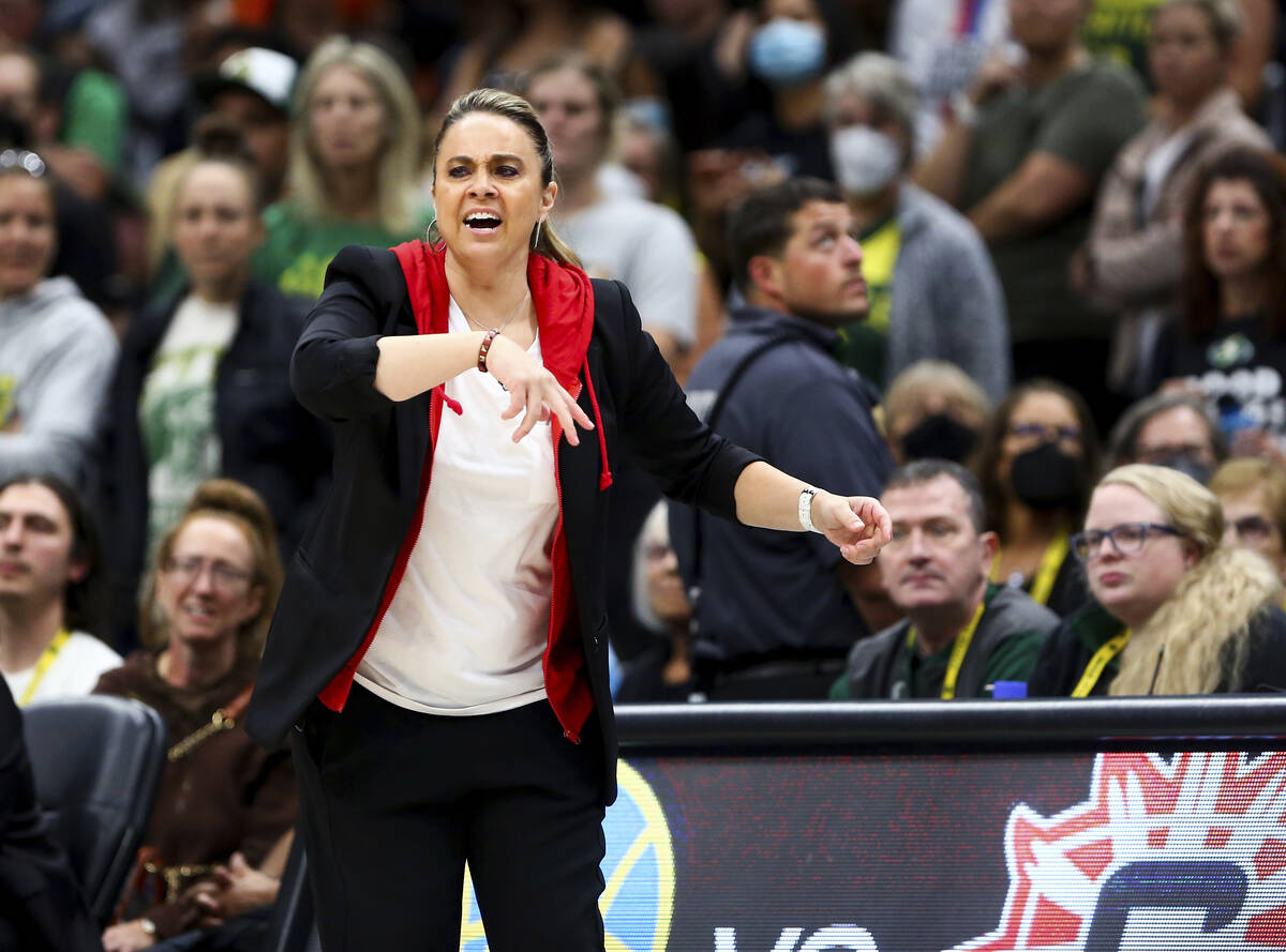 Las Vegas Aces head coach Becky Hammon reacts during overtime in Game 3 of a WNBA basketball se ...