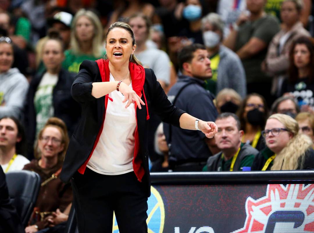 Las Vegas Aces head coach Becky Hammon reacts during overtime in Game 3 of a WNBA basketball se ...