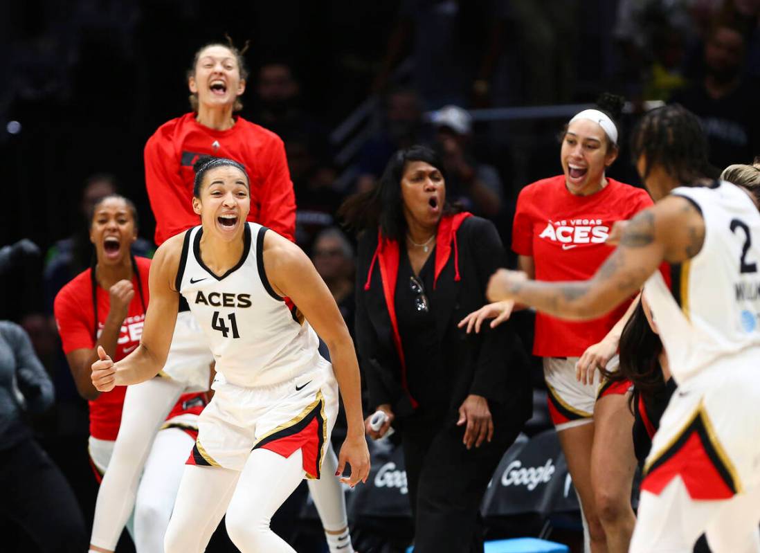 Las Vegas Aces center Kiah Stokes (41) reacts after hitting a 3-point basket during overtime of ...