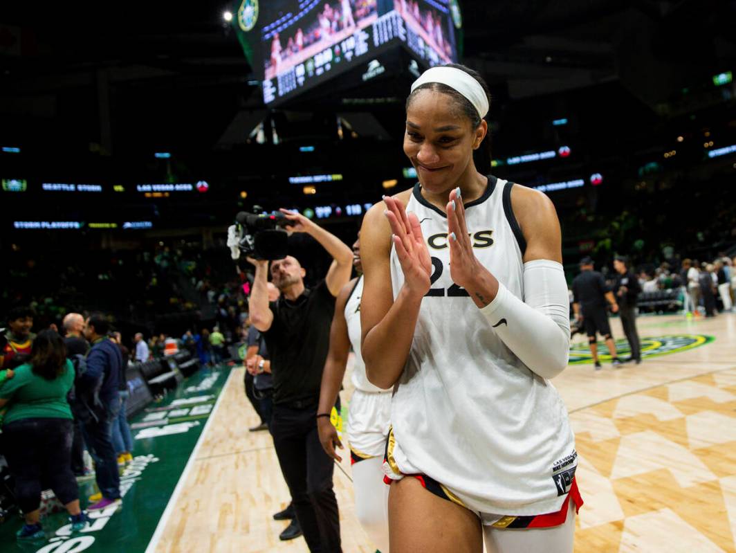 Las Vegas Aces forward A'ja Wilson (22) claps after winning Game 3 of a WNBA basketball semifin ...