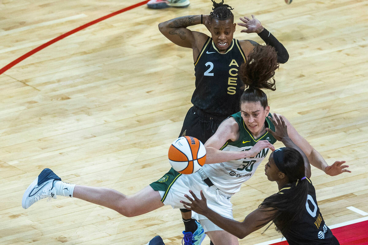 Seattle Storm forward Breanna Stewart (30) receives a foul call after contact with Las Vegas Ac ...