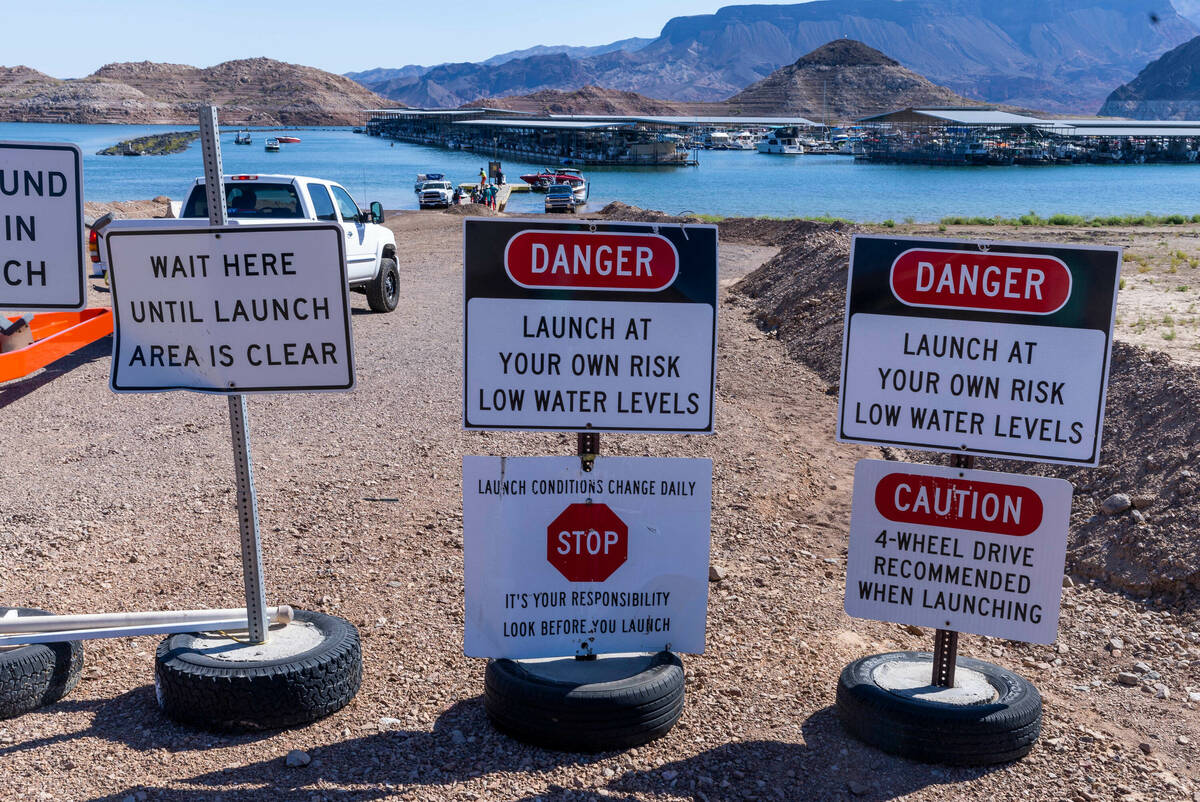 Boats launch at Hemenway Harbor with plenty of warnings on Labor Day at the Lake Mead National ...
