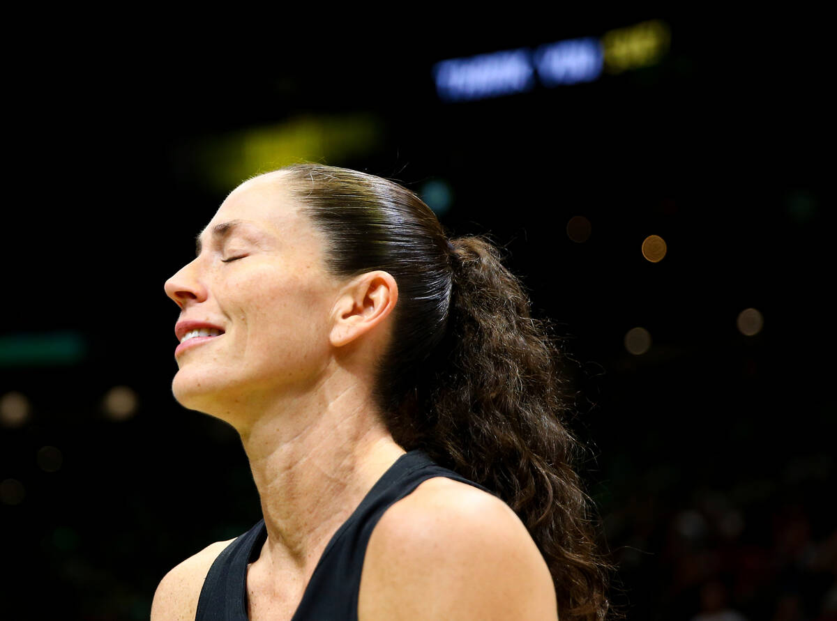 Seattle Storm guard Sue Bird reacts to fans chanting her name after the Storm lost to the Las ...