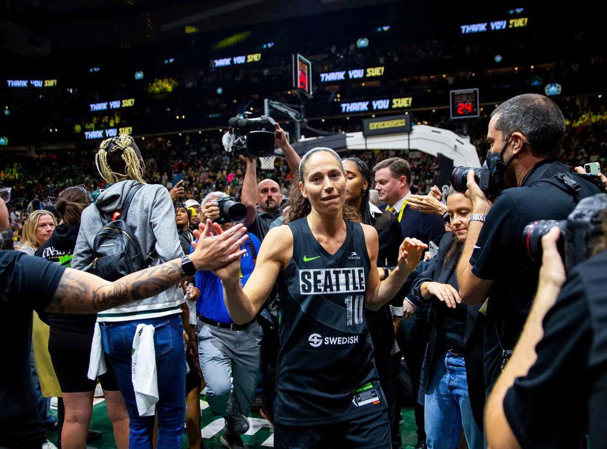 Seattle Storm guard Sue Bird (10) walks off the court after the Storm were eliminated from the ...