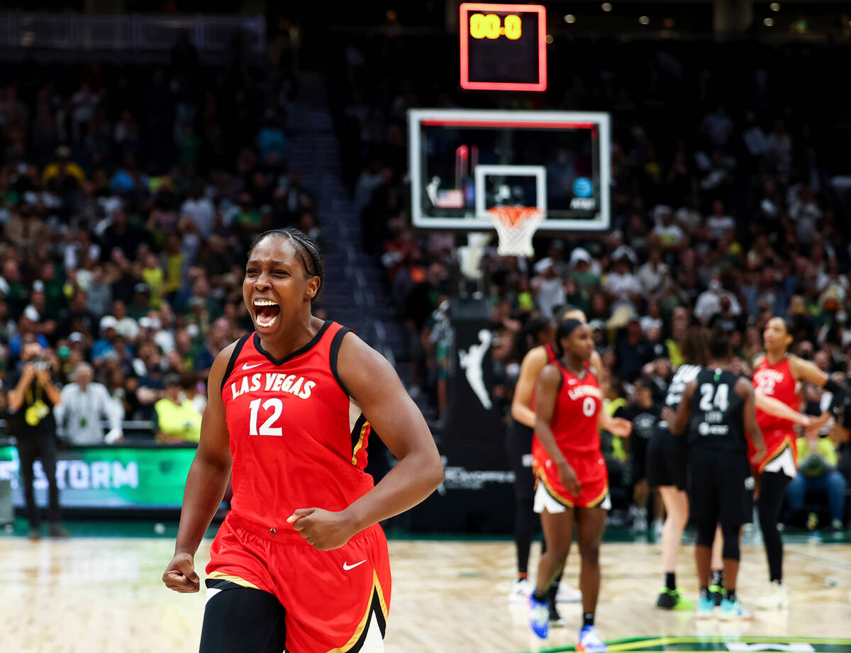 Las Vegas Aces guard Chelsea Gray (12) reacts at the end of the team's win over the Seattle Sto ...
