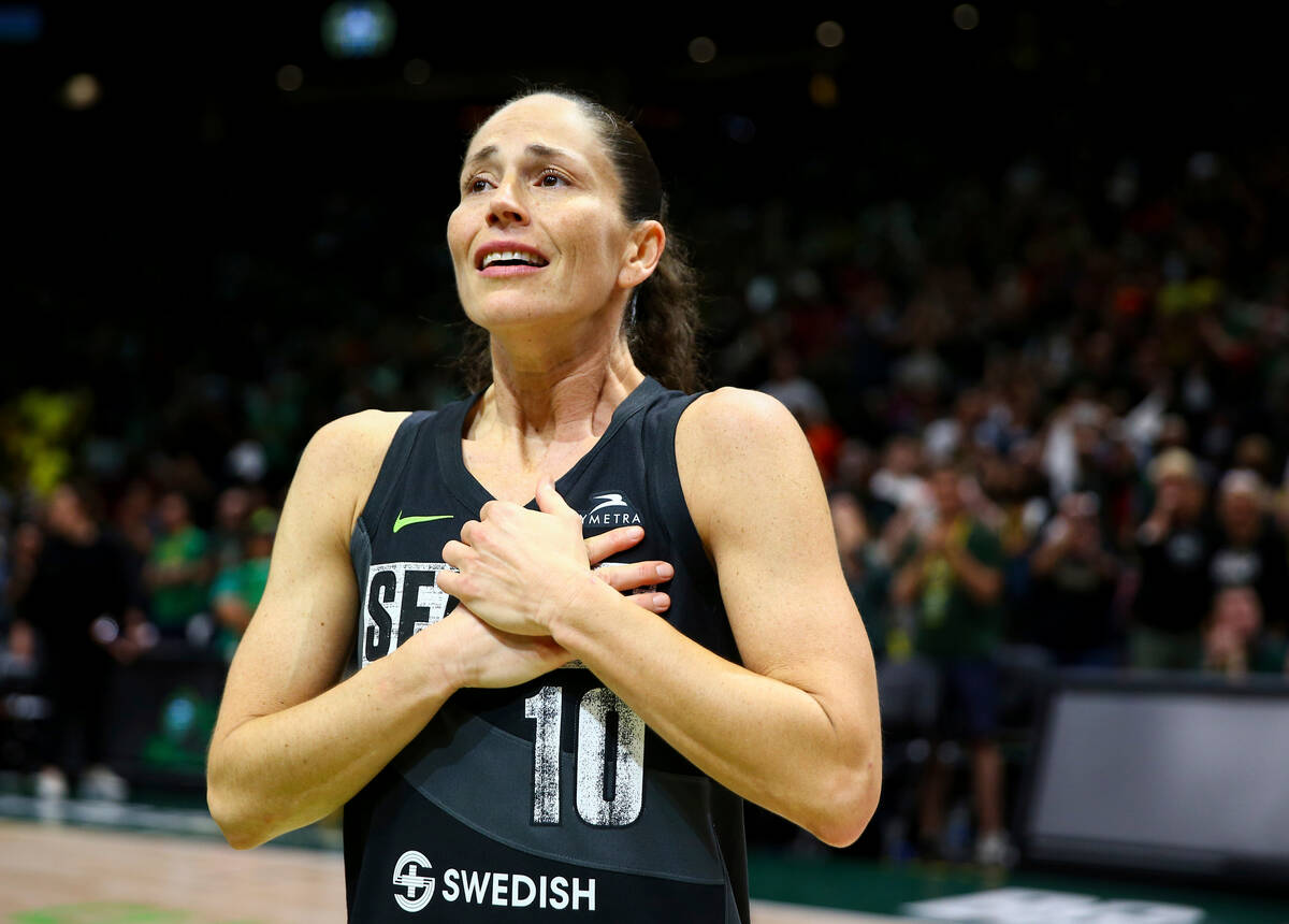 Seattle Storm guard Sue Bird reacts to fans chanting "Thank you Sue" after the Storm ...