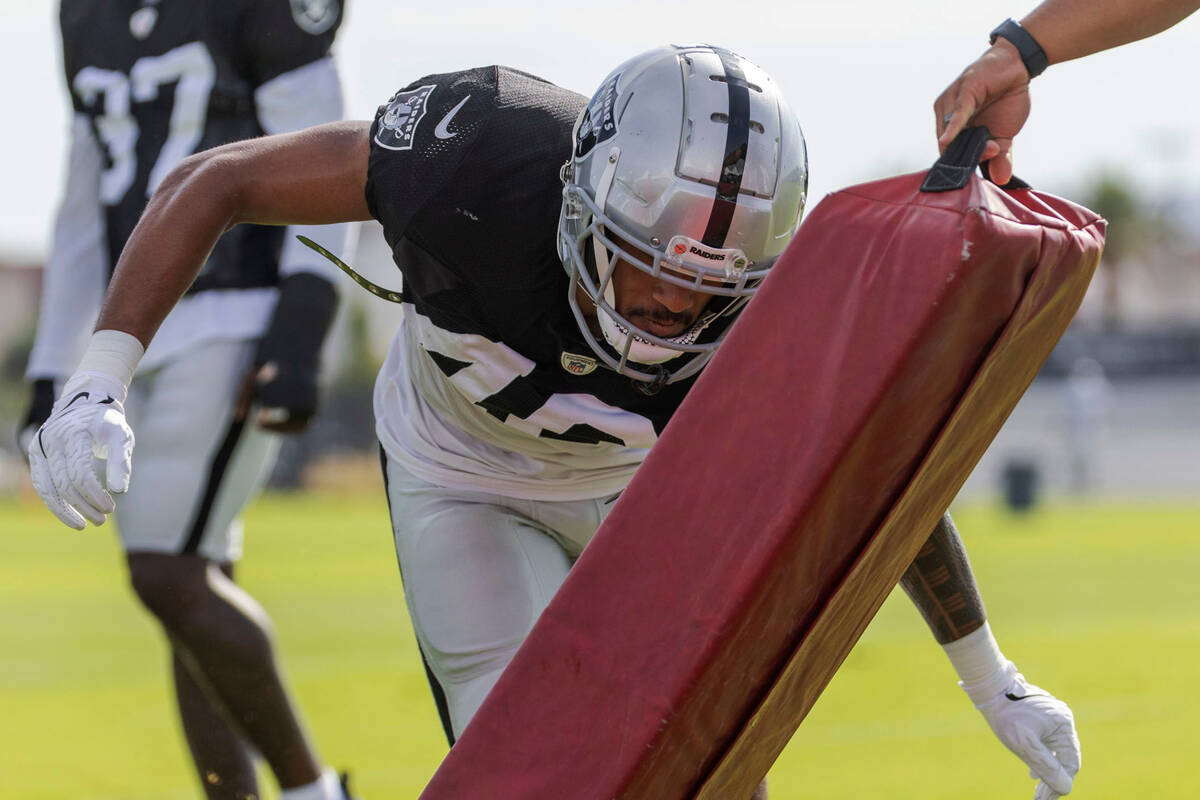 Raiders safety Isaiah Pola-Mao (40) works a drill during the team’s training camp practi ...