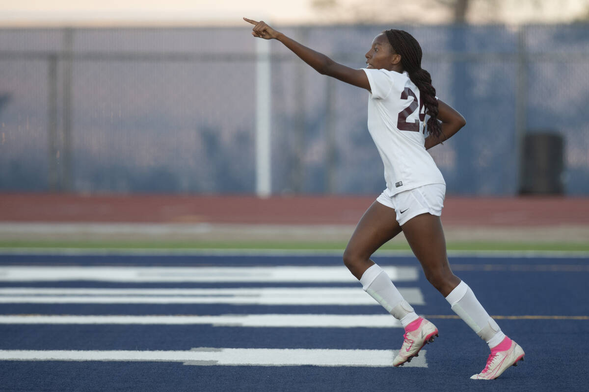Desert Oasis sophomore Loryn Sturgis (24) celebrates a Desert Oasis goal in the first half of t ...