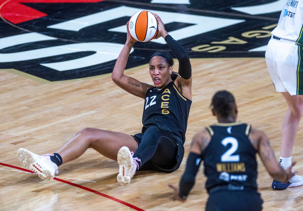 Las Vegas Aces forward A'ja Wilson (22) is pumped after keeping possession of the ball over Sea ...