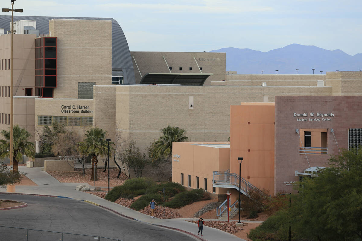 Students walk across campus at UNLV on Thursday, Feb. 9, 2017, in Las Vegas. (Las Vegas Review ...