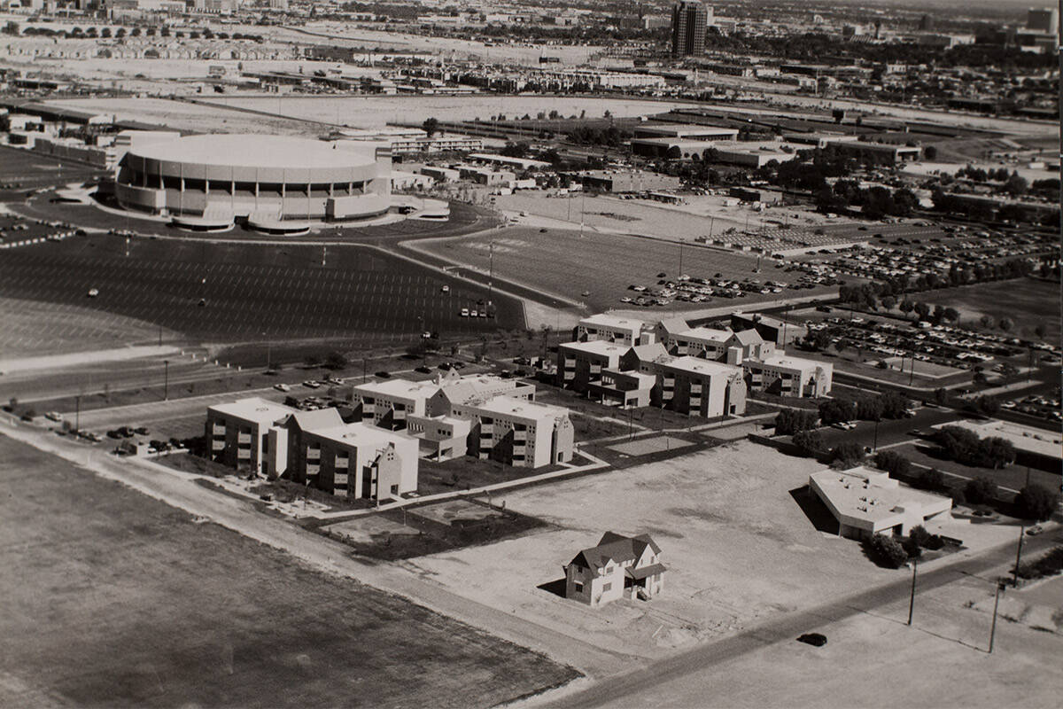 An aerial view of the Thomas and Mack Center and the dormitories at the University of Nevada, L ...