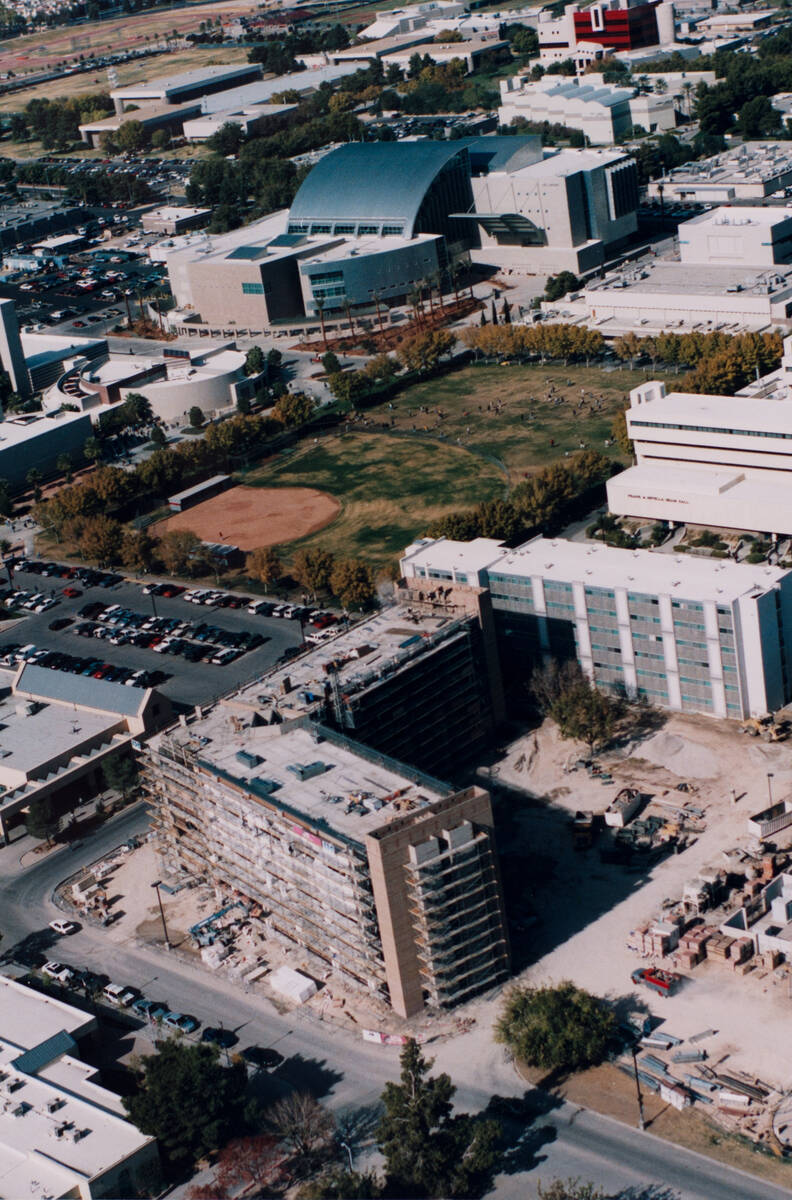 A color aerial photo of the UNLV campus looking northwest in the early 2000s. Shown at bottom i ...