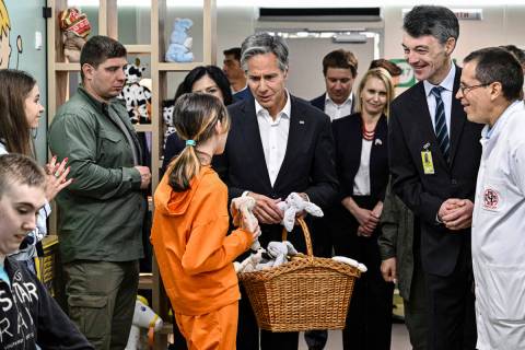 US Secretary of State Antony Blinken meets children during his visit to a children hospital in ...