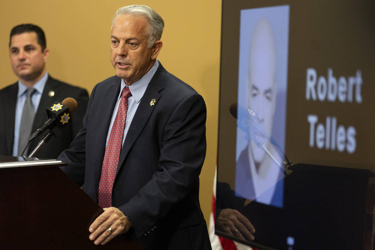 Sheriff Joe Lombardo speaks on the arrest of Robert Telles during a news conference at the Metr ...