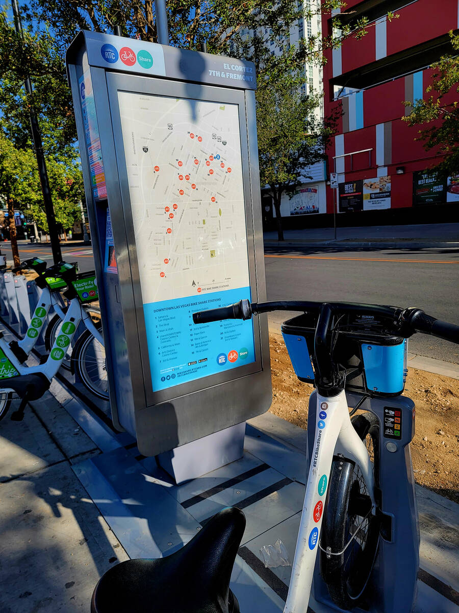 Bike and map in downtown Las Vegas are part of the Regional Transportation Commission's bike sh ...