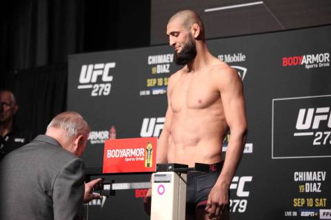 Khamzat Chimaev weighs in for their UFC 279 bout during the official weigh-ins on September 9, ...