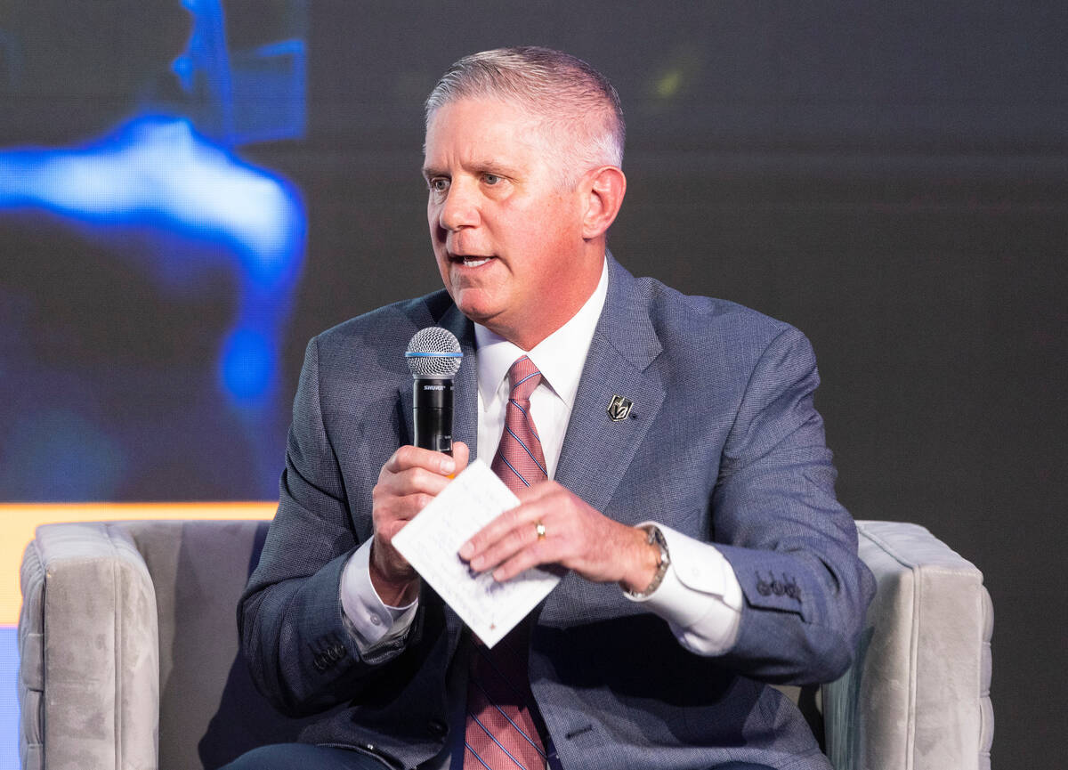 Kerry Bubolz, Las Vegas Golden Knights president, speaks during the 11th Annual Philanthropy Le ...