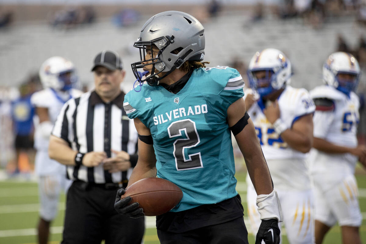 Silverado senior Donavyn Pellot (2) scores a touchdown during their game against Sierra Vista a ...