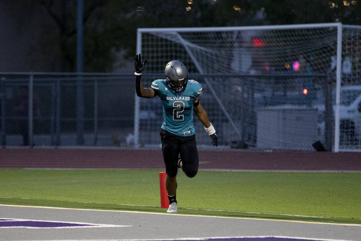 Silverado senior Donavyn Pellot (2) celebrates a touchdown during their game against Sierra Vis ...