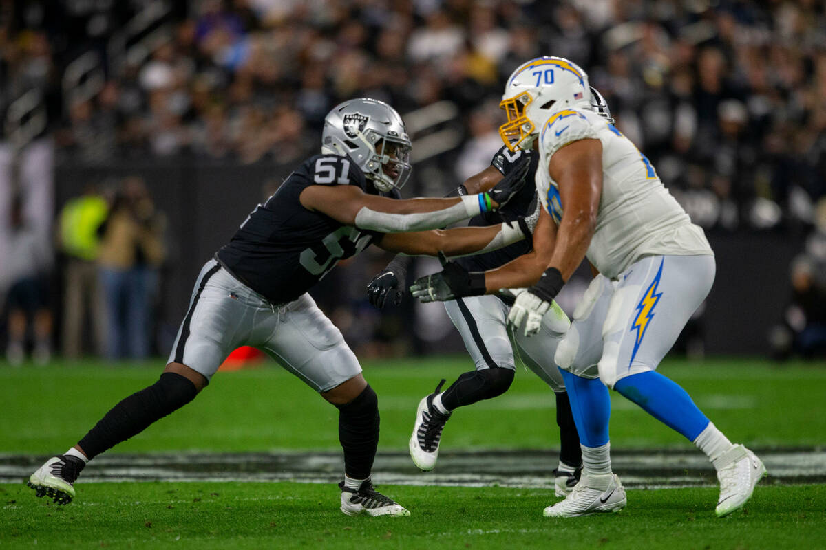 Raiders defensive end Malcolm Koonce (51) works against Los Angeles Chargers offensive tackle R ...