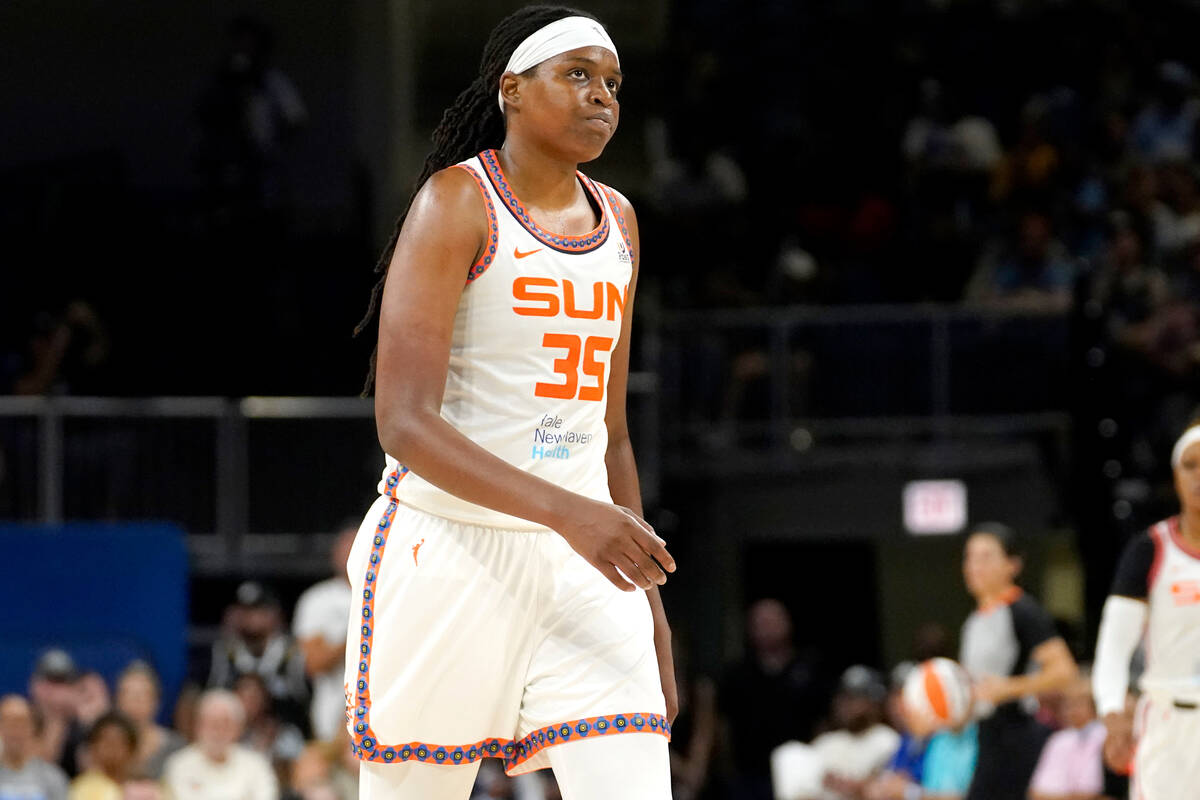 Connecticut Sun's Jonquel Jones walks down court during the second half of Game 5 in a WNBA bas ...