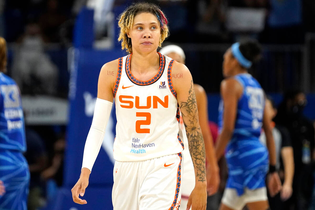 Connecticut Sun's Natisha Hiedeman looks at the scoreboard in Game 5 of a WNBA basketball playo ...