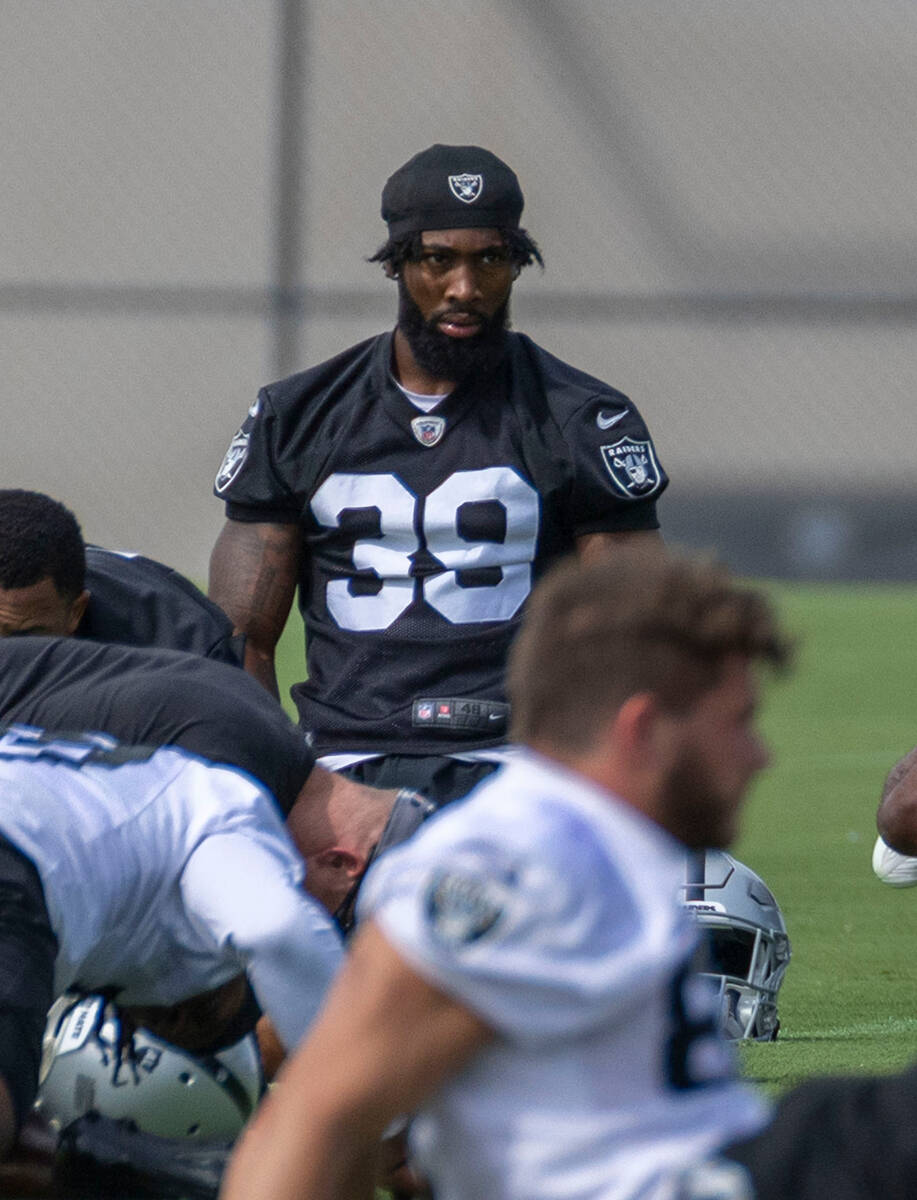 Raiders cornerback Nate Hobbs (39) stretches during practice at the Intermountain Healthcare Pe ...