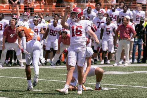 Alabama place kicker Will Reichard (16) watches his game winning field goal against Texas durin ...