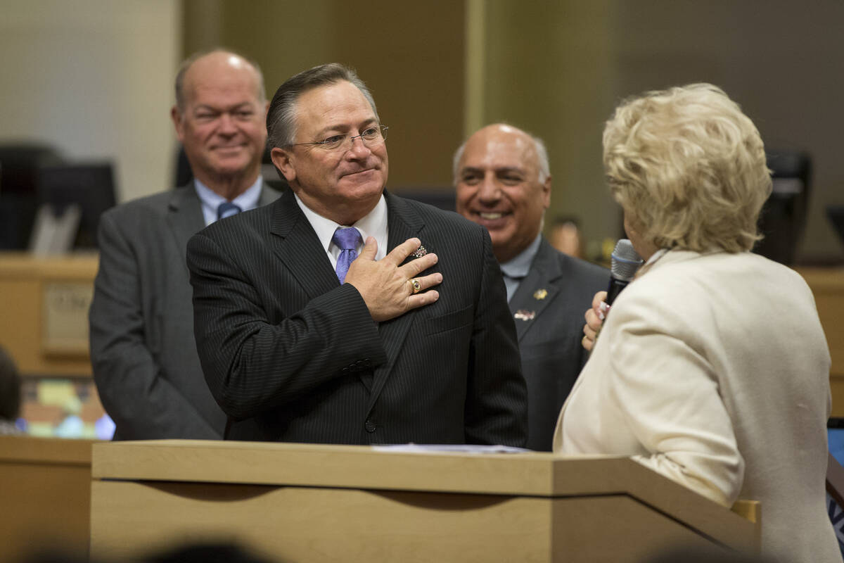 Las Vegas City Councilman Steve Ross, left, and Mayor Carolyn Goodman, during Ross's departure ...