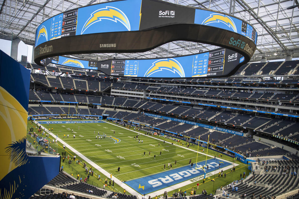 A view of the field before an NFL game at SoFi Stadium between the Raiders and the Los Angeles ...