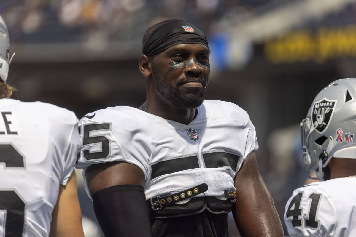 Raiders defensive end Chandler Jones (55) poses before an NFL game against the Los Angeles Char ...